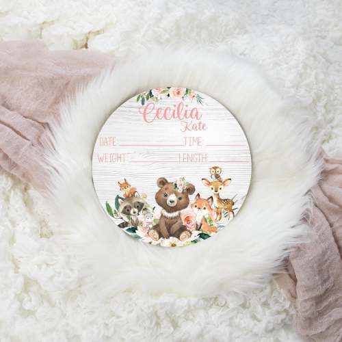 Girl Birth Stat Sign, Round Wood Birth Stat Sign, Woodland Birth Stat Sign, Woodland Animal Sign, Personalized Birth Stat Sign, W28