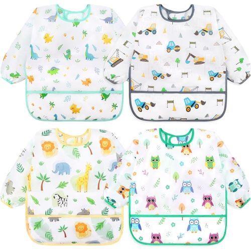 Accmor 4 Pack Long Sleeve Baby Bibs, Waterproof Sleeved Bib Smock for Baby Toddler 6-36 Months