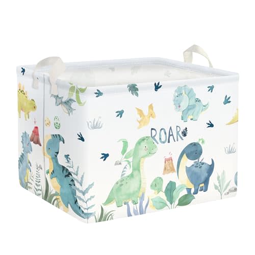 Clastyle Adorable Watercolors Green Dinosaur Shelf Basket Volcano Palm Leaf Collapsible Storage Bin Rectangle Clothes Books Toy Storage Cube, 36L