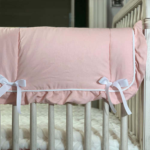 Liz and Roo Petal Pink Linen Blend Crib Rail Cover (Ruffled/White Trim – Bambi Baby