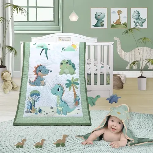 TrenD'lay 4 Piece Dino Unisex Baby Crib Bedding Set for Boys or Girls. Crib Comforter Set for Newborn and Baby Nursery Decor. Baby Bedding Set Includes Comforter, Fitted Sheet, Crib Skirt and Bib