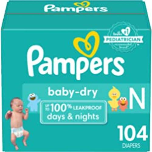 Pampers Baby Dry Diapers Newborn - Size 0, 104 Count, Absorbent Disposable Diapers