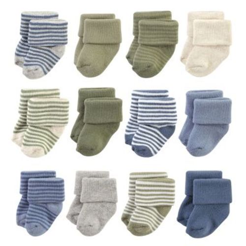 Hudson Baby Infant Boy Cotton Rich Newborn and Terry Socks, Blue Sage Stripe, 6-12 Months