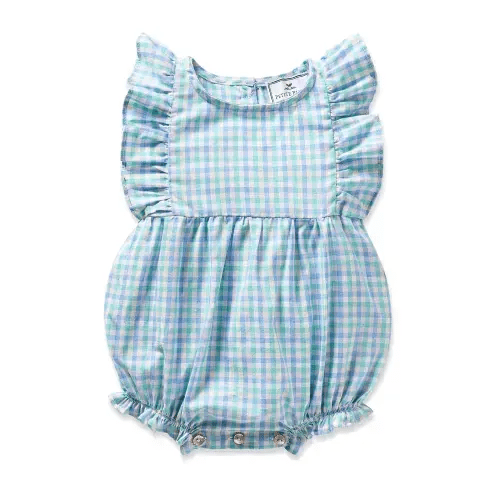 Baby's Twill Ruffled Romper in Navy Gingham