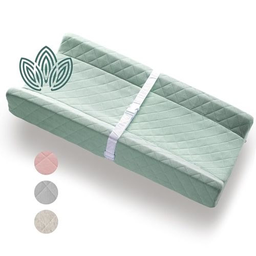 Organic Cotton Contoured Baby Changing Pad w/Waterproof Foam Mattress, Includes Soft, Removable & Washable Cover, Safety Strap, Non-Slip Bottom, Topper for Standard Size Infant Diaper Table & Dresser