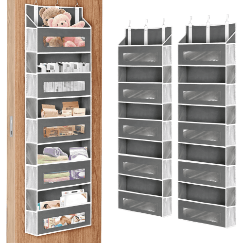 2 Packs 5-Tier Over the Door Storage Organizer with 10 Side Mesh Pockets, 48 lbs Load Capacity, 3 Hooks Design, Hanging Organizer with Clear Windows for Bathroom, Bedroom, Nursery, Kitchen-Grey