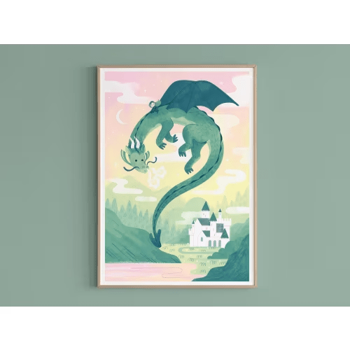 Dragon and Castle Nursery Print / Fantasy Art Print / Nursery Wall Art / Fairytale Illustration / Kids Bedroom Decor
