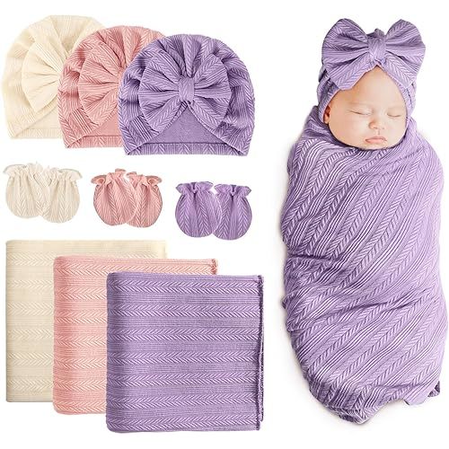 BQUBO Newborn Receiving Blanket Hat Mittens Set for Baby, Unisex Baby Boys Girls Essentials, Newborn Registry Must Haves, Stroller Crib Shower Gifts