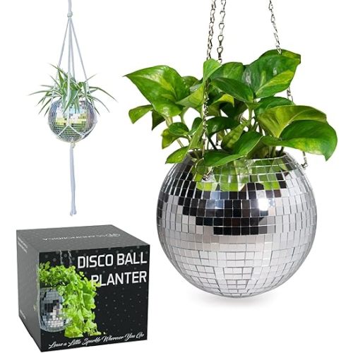 SCANDINORDICA Disco Ball Planter – Value Package: Disco Planter with Chain, Macrame Hanger and Acrylic Stand, Includes Self Watering Insert, Preppy Room Decor, Funky Decor | 8 inch Silver