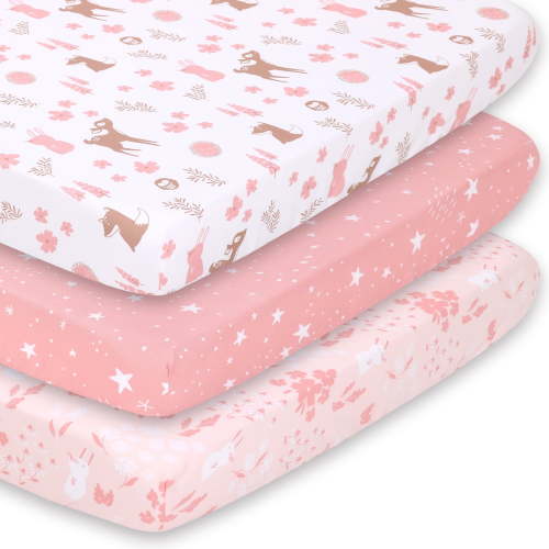 The Peanutshell Pack n Play Mini Crib Sheets, 3 Pack, Pink Woodland Floral, 100% Microfiber
