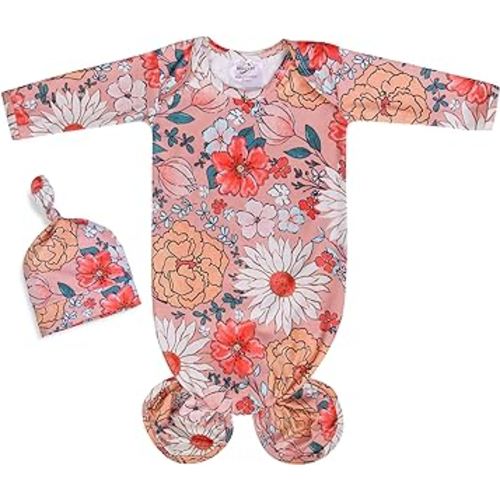 Baby Knotted Gown Newborn 0-6 Months, Super Soft Breathable Baby Sleeper Gowns, Babies Girls Nightgowns Coming Home Outfit Infant with Hat Set
