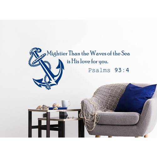 Mightier Than the Waves of the Sea Wall Decal Quotes Psalms 93:4 Vinyl Sticker Anchor Nautical Above Bed Art Nursery Boys Room Decor NS580