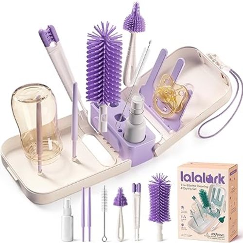 7-in-1 Baby Bottle Brush Set, BPA Free Silicone Baby Bottle Cleaning Kit with No Scratch Dual-Headed Brush, Nipple Brushes,Soap Dispenser & Drying Rack,Travel Cleaner with Storage Case,Purple