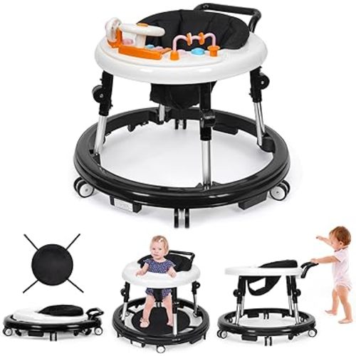 Music and Lights Baby Walker Foldable with 9 Adjustable Heights, Baby Walker with Wheels Portable, Baby Walkers and Activity Center for Boys Girls Babies 7-18 Months (New-Black)