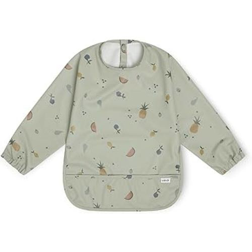 Lalo Smock Bib - Long Sleeve Baby Bib, Elastic Cuffs for Comfort, Large Catch-All Pocket, Waterproof Recycled Polyester - Durable Baby Smock Bib for Mealtime - Ages 6-24 Mo. - Fruit Print Sage