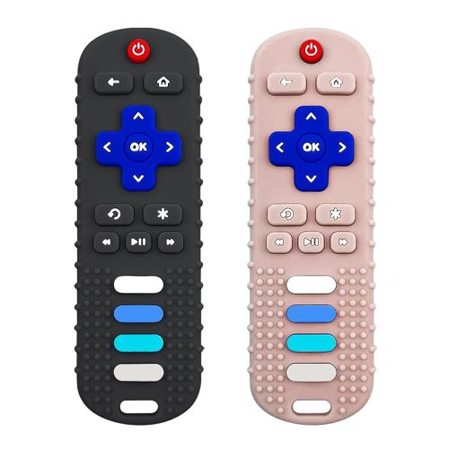 Baby Teething Toys, Food Grade Silicone Teether for Babies 3 6 12 18 Months, TV Remote Shape Toddlers Chew Toys, Freezer BPA Free (Black+Khaki)