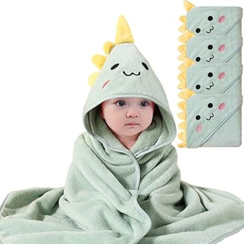 Hooded Baby Towels, 4 Packs Premium Soft Baby Bath Towels with Hood for Babies, Toddler, Infant - Ultra Absorbent, Baby Stuff Shower as Best Gifts for Boys and Girls (4Pack) (Green Dinosaur)