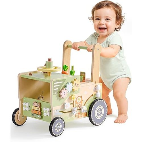 ROBOTIME Wooden Baby Walker Push Toy for Toddlers, Baby Push Walker with Wheels, Farm-Themed Activity Center for Girls & Boys, Adjustable Speed Walker for Baby Learning to Walk