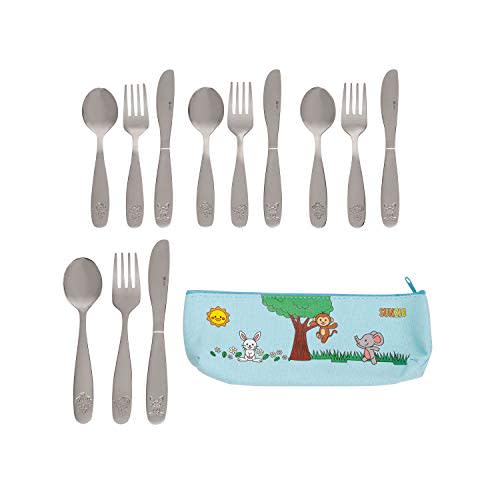 SunZio Kids Silverware Set, 18/10 Stainless Steel 12 Piece Cutlery Set with 4 Forks, 4 Spoons, 4 Small Knives, Toddler Metal Travel Utensils with Case, Child Safe Flatware, Dishwasher Safe, 1 Set