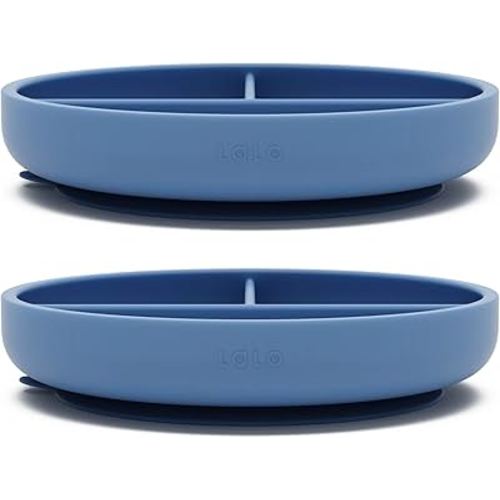 Lalo Suction Plates - 2 Pack, 100% Silicone Non-Toxic BPA-Free Baby Plates with Suction Base To Prevent Accidental Tip-Overs - Suction Plates for Toddlers With Three Divided Sections - Blueberry
