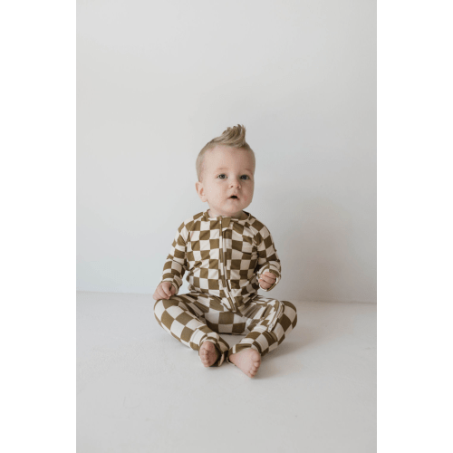 Bamboo Zip Pajamas | Olive Checkerboard