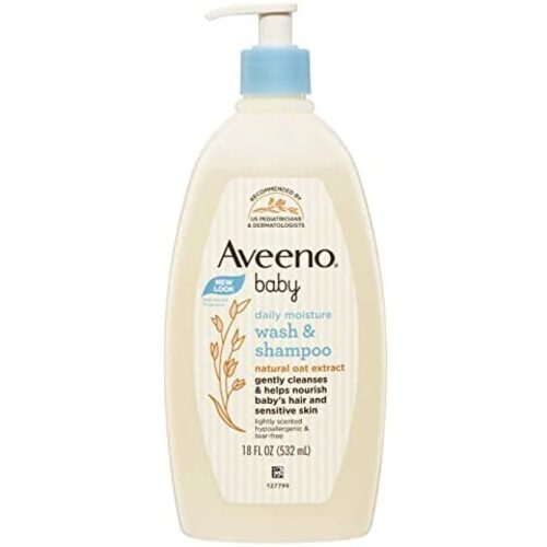 Aveeno Baby Daily Moisture Gentle Body Wash & Shampoo with Oat Extract, 2-in-1 Baby Bath Wash & Hair Shampoo, Tear- & Paraben-Free for Hair & Sensitive Skin, Lightly Scented, 18 fl. oz