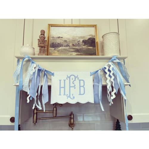 Welcome Baby classic light blue scalloped monogram banner gingham ribbon