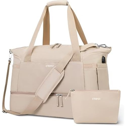 ETRONIK Gym Bag for Women, 47L Carry On Travel Duffel Bag with Shoes Compartment, Weekender Overnight Bag with Wet Pocket & USB Charging Port for Women, Travel, Gym, Weekend, Large Size (Khaki)