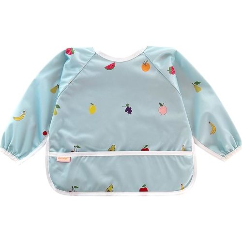 Baby Bib, Long Sleeve Bib for Toddler, Waterproof Bibs for Baby, Baby-Led Weaning Smock, Machine Washable Feeding Bib - Small 6-24 Months - Fruitful