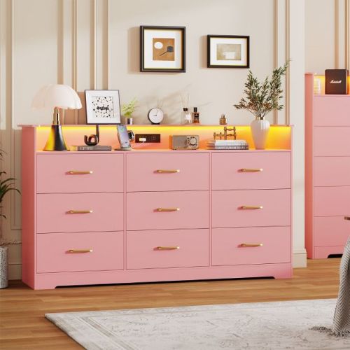 9-Drawer Wooden Dresser with LED Lights Power Outlet – 47" Modern Storage Chest with Smooth Gliding Drawers,for Bedroom, Living Room,Entryway,Pink