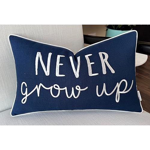 Rudransha 12x20 Never Grow Up Lumbar Pillow Cover - Embroidered Quote Design - Whimsical Cushion for Bedroom, Sofa, Playroom, Reading Nook - Dreamy Décor Accent - Navy Blue