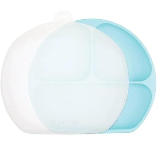 Bumkins Toddler and Baby Suction Plate, Silicone Divided Grip Dish and Lid, Babies and Kids, Baby Led Weaning, Children Feeding Supplies, Non Skid Bottom, Platinum Silicone, Ages 6 Months Up, Blue
