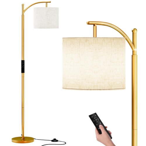 SUNMORY Gold Modern Arc Floor Lamp with Remote Control and Stepless Dimmable Bulb, Metal Standing Lamps with Hanging Lampshade for Living Room, Bedroom