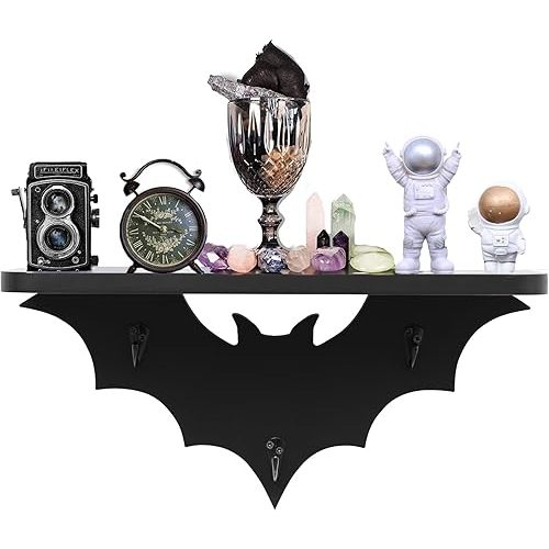 Bat Shelf Floating Shelves for Wall Decor,Black Shelves for Bedroom-Halloween Goth Room-Black Hanging Shelves with 3 Key Hooks