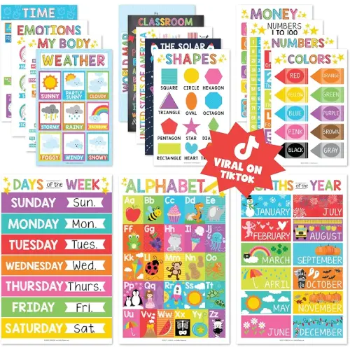 Hadley Designs 16 Educational Posters for Classroom & Kindergarten, Kindergarten Classroom Must Haves, Laminated PreK Learning Chart Materials US & World Map, ABC Alphabet, Shapes, Days of the Week