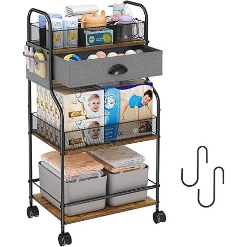 3-Tier Baby Diaper Caddy Cart Organizer with Drawer,Rolling Utility Cart & Bedside Nursery Essentials Cart for Newborn Baby Stuff, 2+1 Dividers, Baby Storage Organizer for Bedroom,Changing Table,Grib