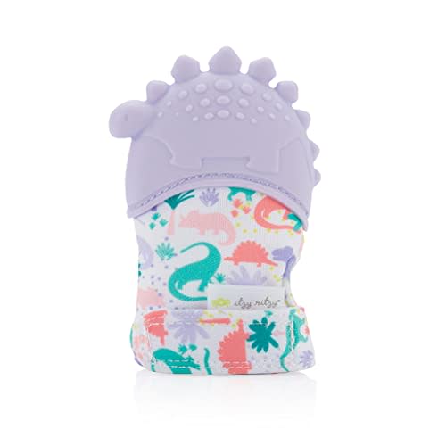 Itzy Ritzy Silicone Teething Mitt - Soothing Infant Teething Mitten w/Adjustable Strap, Crinkle Sound, Textured Silicone, Soothes Sore & Swollen Gums, Baby Teething Toy for 3 Mos +, Purple Dinosaur