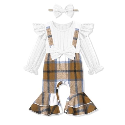 Queenstyle Newborn Baby Girl Clothes Romper Long Sleeve Ruffle Jumpsuit Cute Infant Girl Fall Winter Outfits with Headband