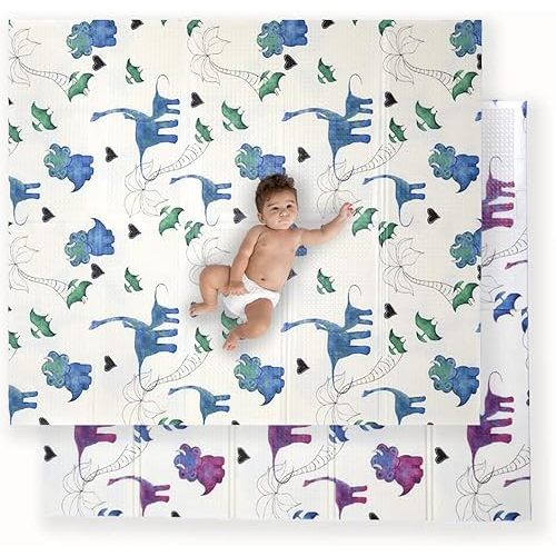 JumpOff Jo Baby Play Mat - Large Folding Foam Play Mat for Infants, Babies, Toddlers, Waterproof, Double-Sided (70" x 59") - Tiny Dinos