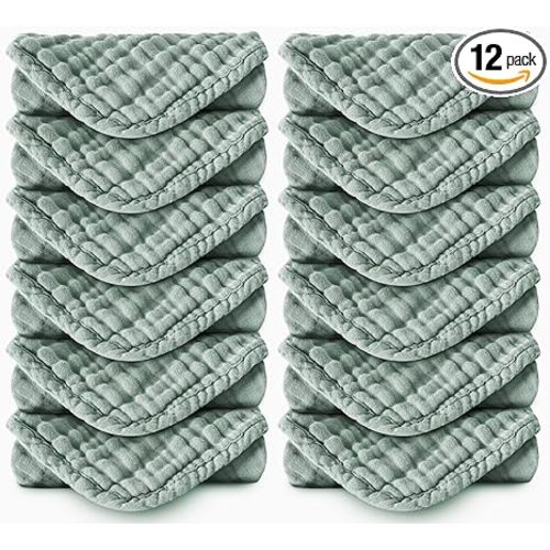 Spotted Play Muslin Burp Cloths 100% Cotton Large 20''x10'' Extra Soft and Absorbent Baby Wash Cloths Spit Up Rags - Baby Burping Cloth for Boys Girls Items(12 Pack Green)