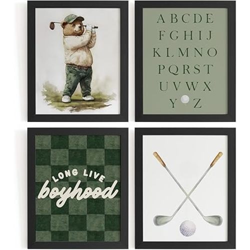 WXHUM Vintage Nursery Boys Room Playroom Decor Golf Sports Wall Art Prints Set of 4, Boyhood Bear Golfer Sports Alphabet Posters for Nursery Toddler Boy Kid Playroom, 8x10 inch Unframed Sage Green