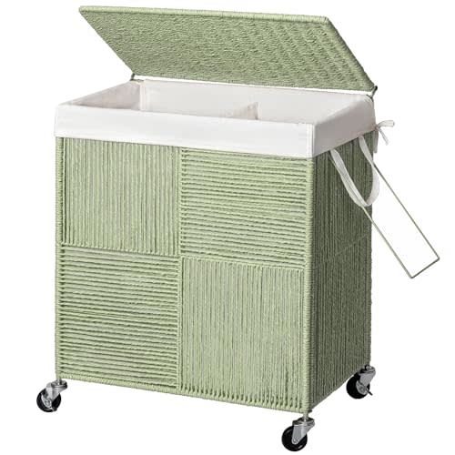WOWLIVE Double Laundry Hamper with Lid, Handwoven Rolling Laundry Basket with Wheels, 115L Dirty Clothes Hamper with Removable Liner Bag Large Capacity Laundry Sorter Laundry Room Organization,Green