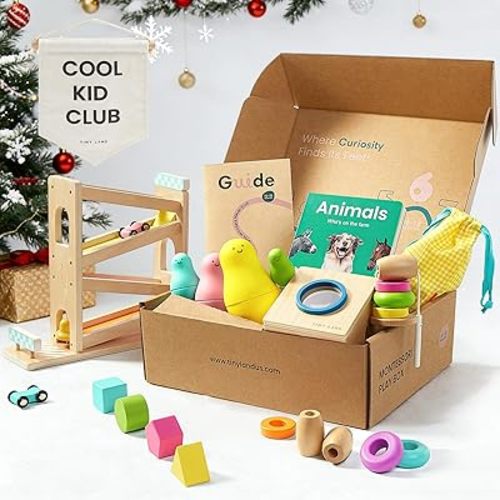 Tiny Land Montessori Toy Set for Baby 16-18 Months Adventure Play Kit - 7-in-1 Ramp Race Track, Shape Sorting and Color Matching Box, Lacing Beads Set, Silicone Nesting Dolls, Animals Board Book