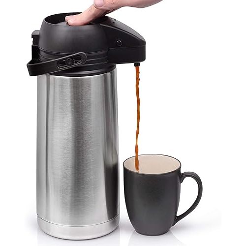64 Oz (1.9 Liter) Airpot Coffee Dispenser with Easy Push Button | BPA-Free Stainless Steel Carafe | Double-Wall Vacuum Insulated Thermos | Effectively Keeps Beverages Hot or Cold