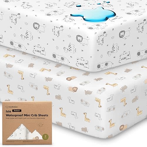 2-Pack Waterproof Pack and Play Sheets, Mini Crib Sheets Fitted for Boy, Girl - 38 x 26 Viscose from Bamboo Pack N Play Mattress Sheets for Graco, Toddler Playard Baby Crib Sheets Neutral (KeaSafari)