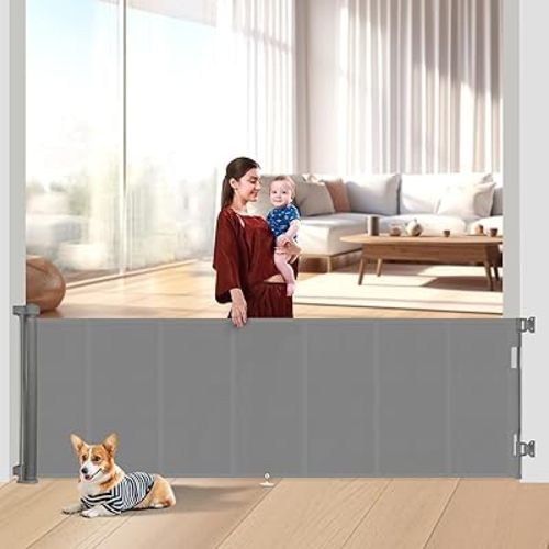 Miumoon 100 inch Retractable Baby Gates 34 inch Tall, Retractable Gate with Reinforced Strip Design to Prevent Crawling Through, 8 FT Extra Wide Retractable Dog Gate for Indoor/Outdoor