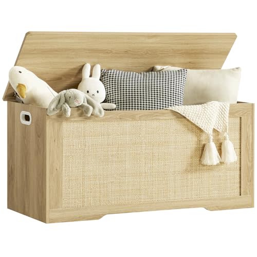 usikey 39.4” Storage Chest, Toy Box with 2 Safety Hinges, Rattan Storage Bench with Storage, Toy Chest for bedroom, Shoe Bench, Supports 220 lb, for Living Room, Entryway, Natural
