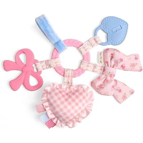 Itzy Ritzy Teething Activity Toy - Bitzy Busy Ring Infant Teething Toy Features Braided Teether & Dangling Toys, Includes Textured Ribbons, Crinkle Sound & Jingle Bell - 0 Months & Up (Pink Bow)