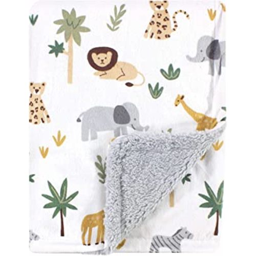 Hudson Baby Unisex Baby Plush Mink and Sherpa Blanket, Safari, One Size