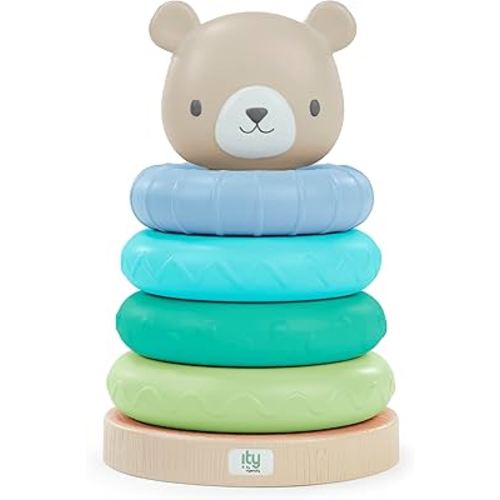 Ingenuity: ity by Ingenuity Cutie Stacks, 4 BPA-Free Rings, Faux Wood Stand, Bear Topper, Unisex, for Ages 6 Months and Up - Nate